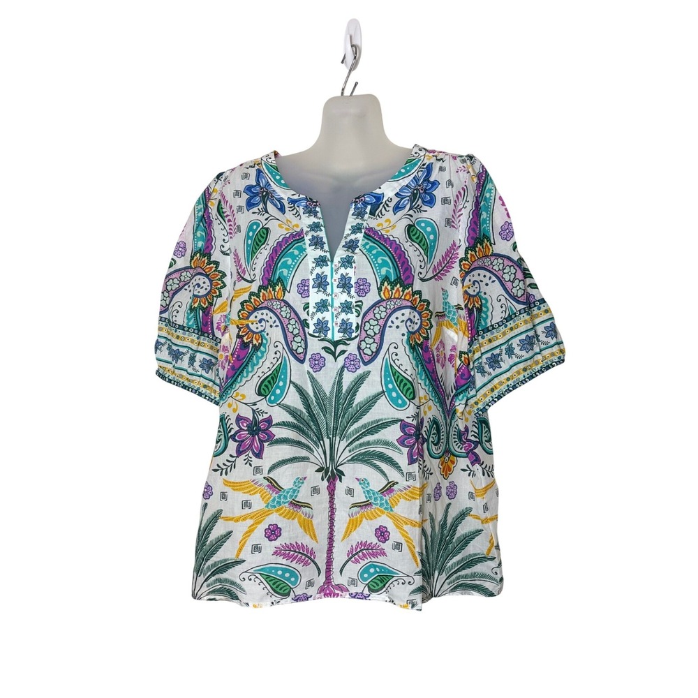 Talbots Tropical Paisley Cotton Split Neck Top Bohemian Short Sleeves Size XL